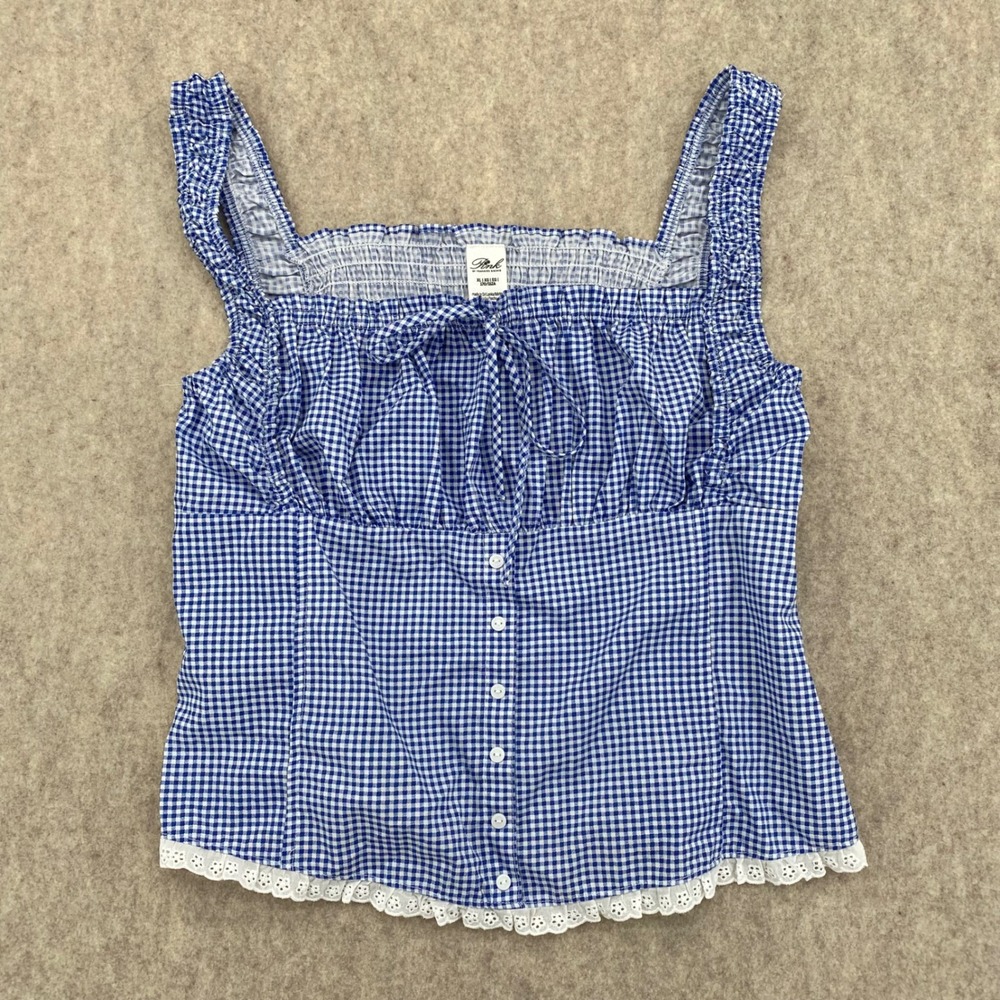 Gingham Smocked Eyelet Tank Top Frankies Bikinis x PINK Blue White XL